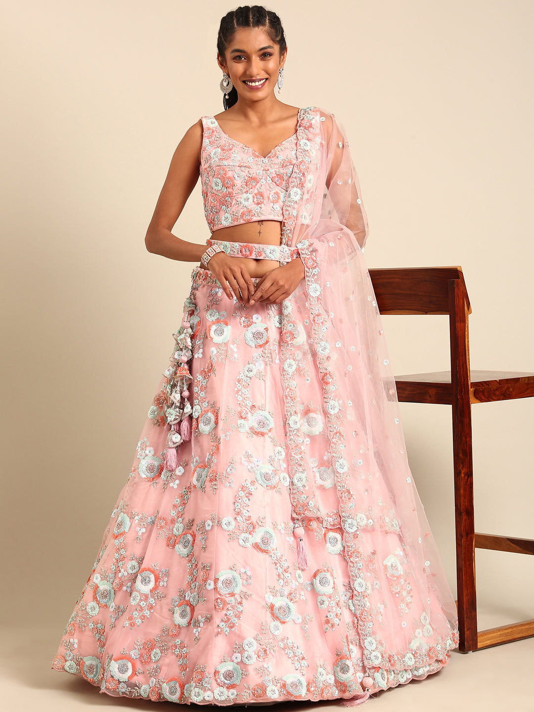 Women's Pink Net Sequins And Zarkan Embroidery  Lehenga Choli & Dupatta - Royal Dwells