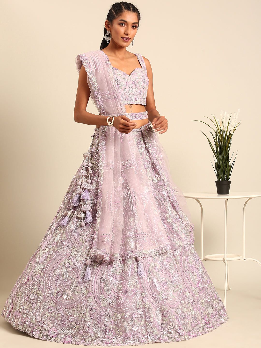 Women's Lavender Net Sequins And Zarkan Embroidery  Lehenga Choli & Dupatta - Royal Dwells