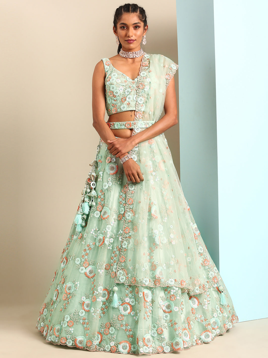 Women's Sea Green Net Sequins And Zarkan Embroidery  Lehenga Choli & Dupatta - Royal Dwells