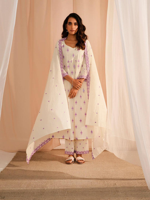 Off White Embroidered Cotton Anarkali Suit With Dupatta