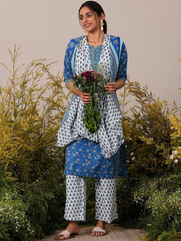 Blue Printed Cotton Straight Suit With Dupatta - Jashvi