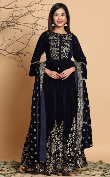 Women Navy blue Velvet Lehenga Choli Dupatta Set by Juniper (3 Pc Set)