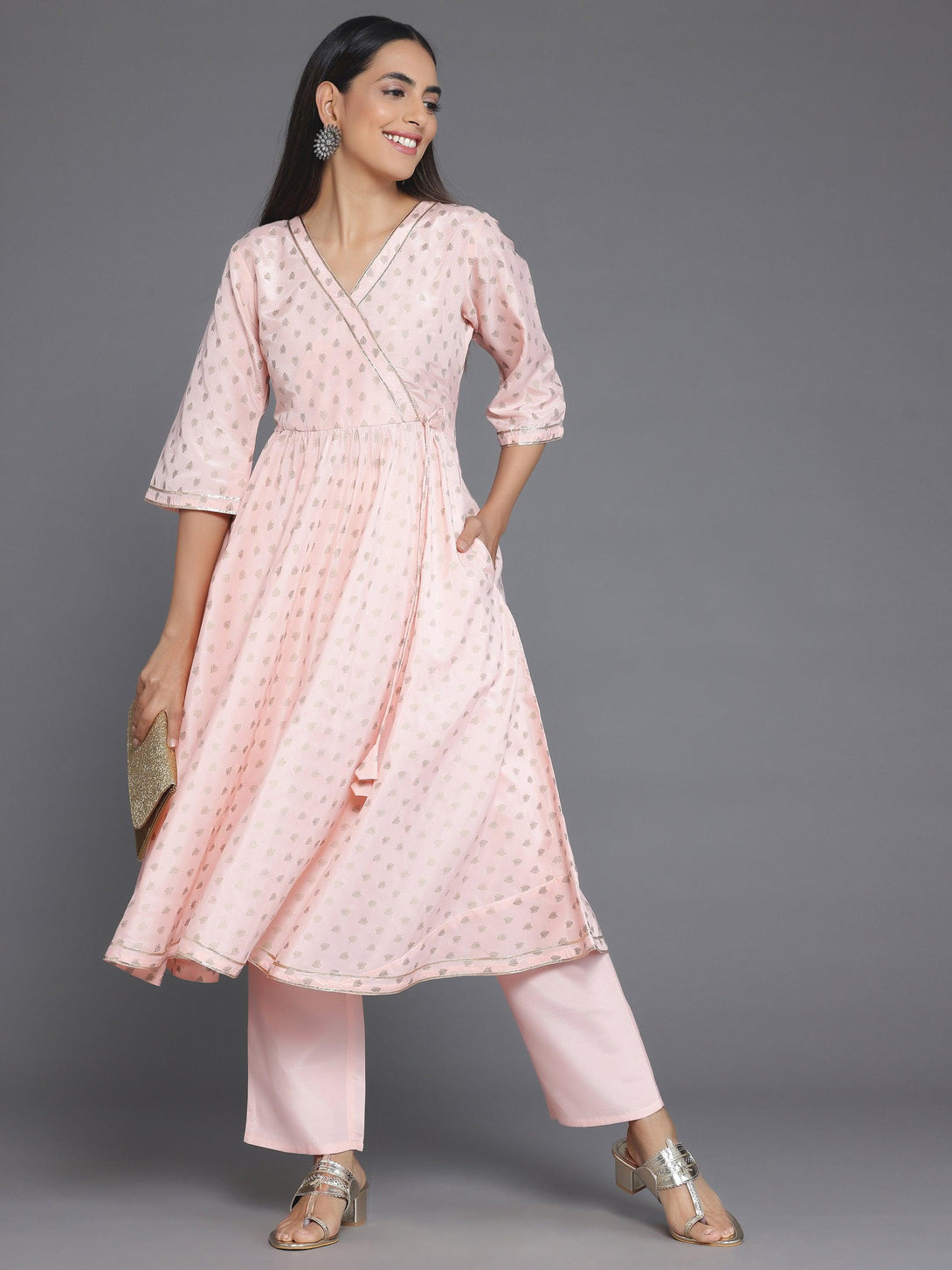 Peach Printed Silk Blend Anarkali Kurta Set - Jashvi