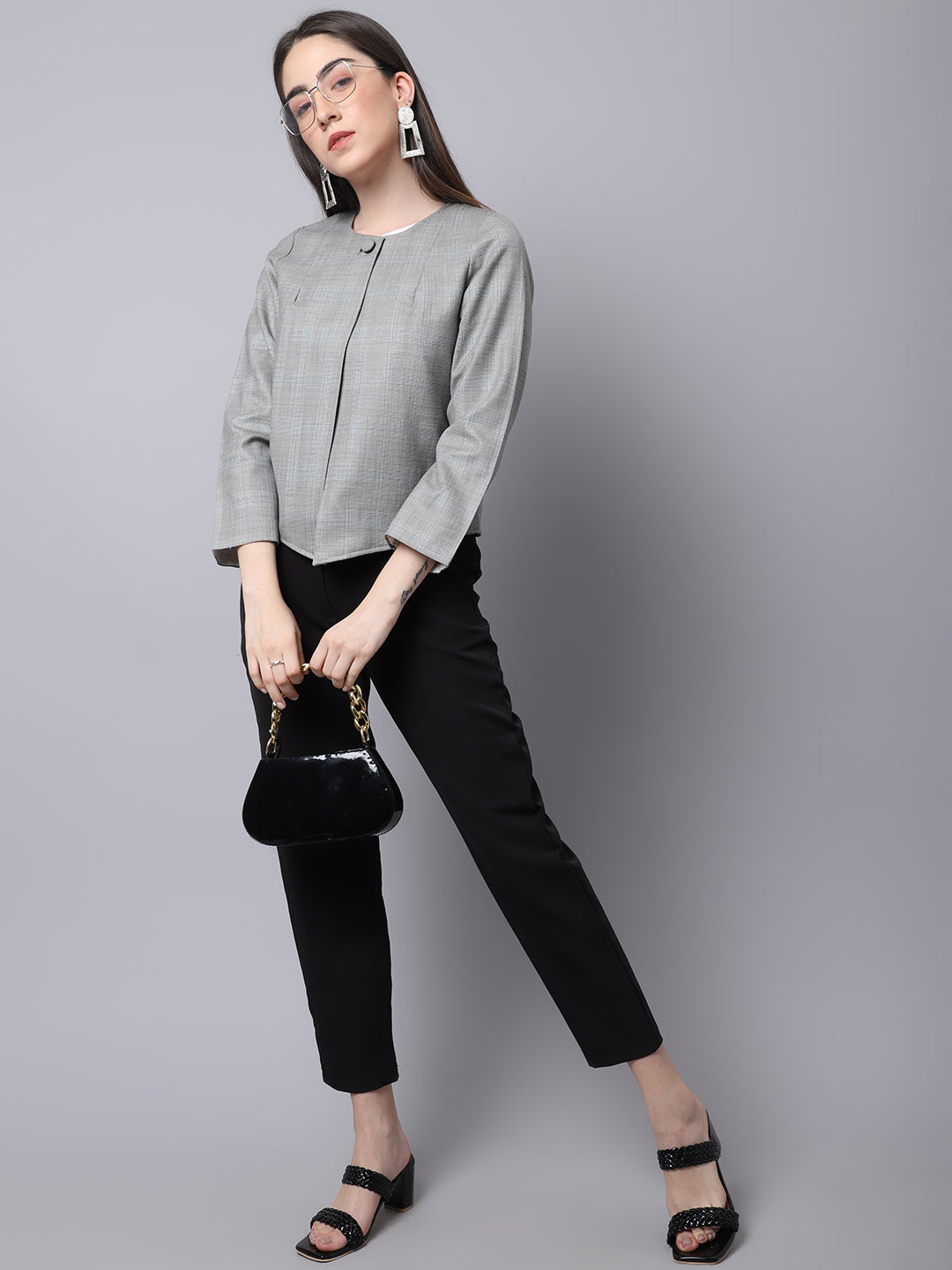 Women's Grey Open Front Statement Jacket - Even Apparels