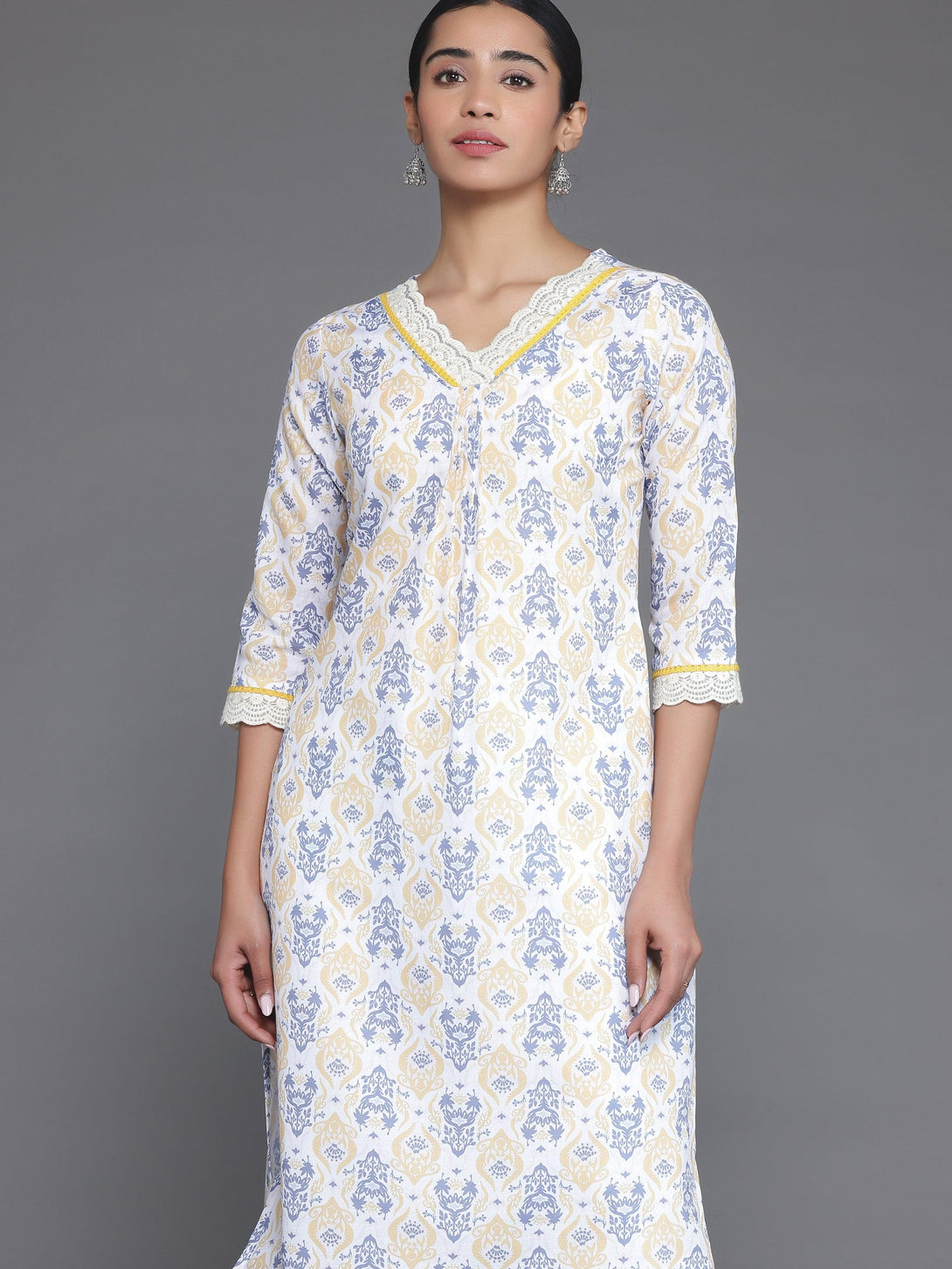 Off White Printed Cotton Straight Kurta - Jashvi