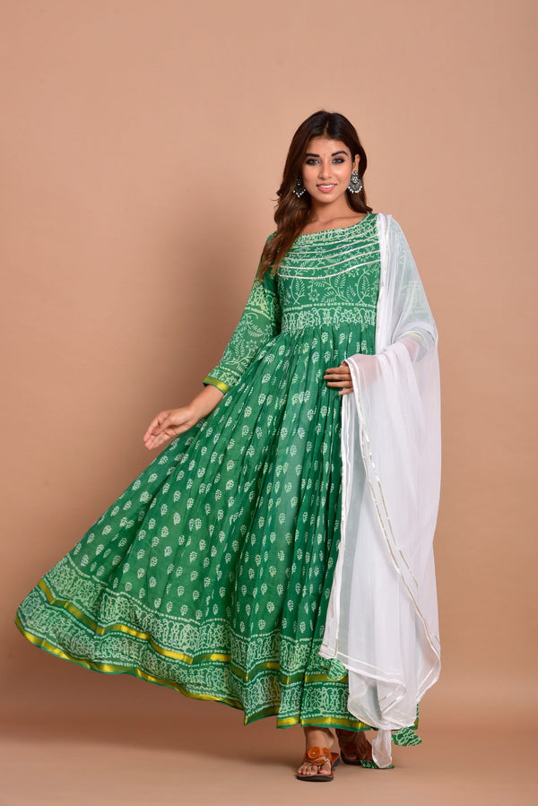 Women's Green Anarkali Dress With Dupatta- (2Pcs Set) - Saras The Label