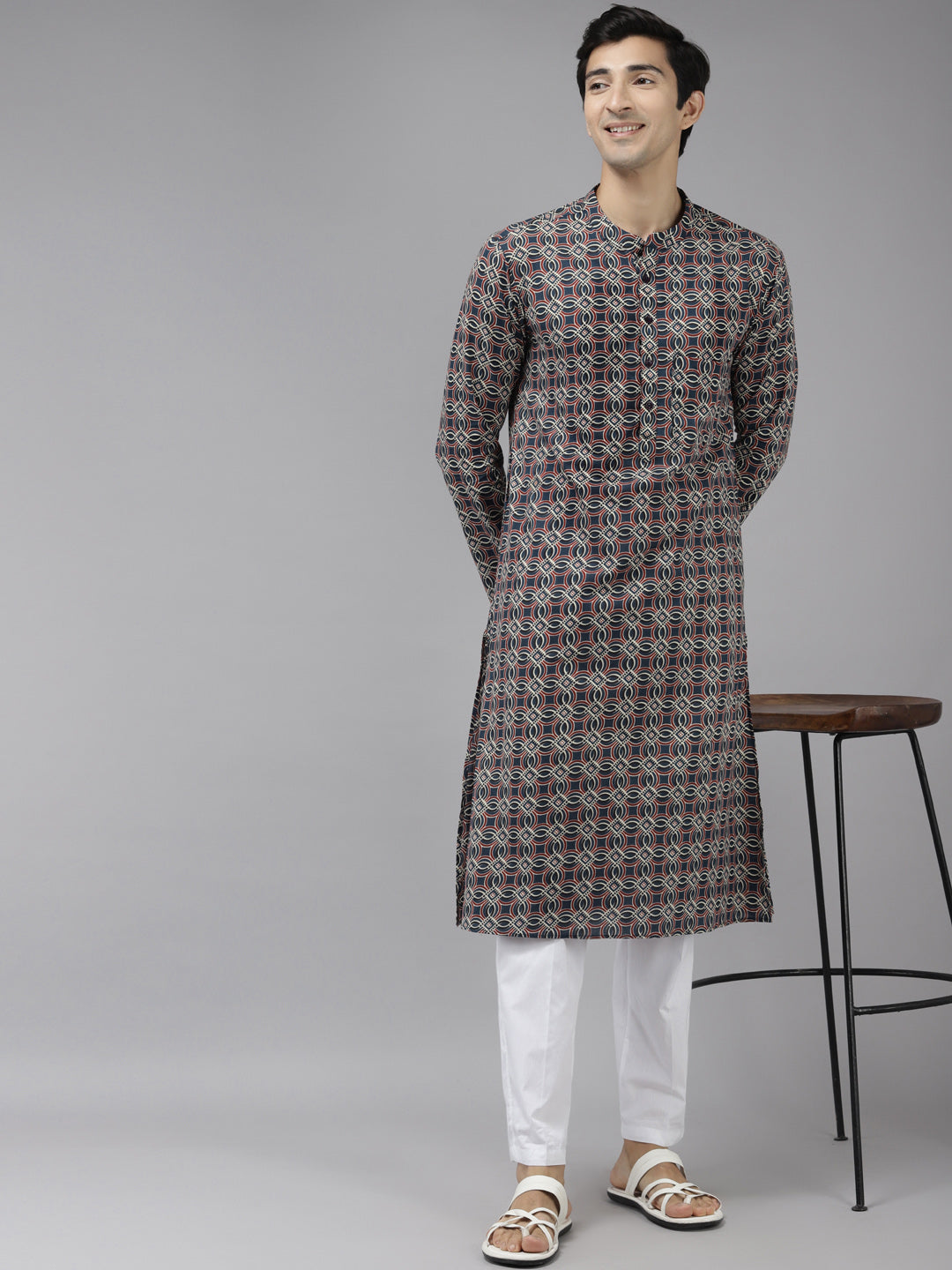 Men's Blue And Beige  Printed Thread Work Indigo Kurta With Pyjama - See Designs