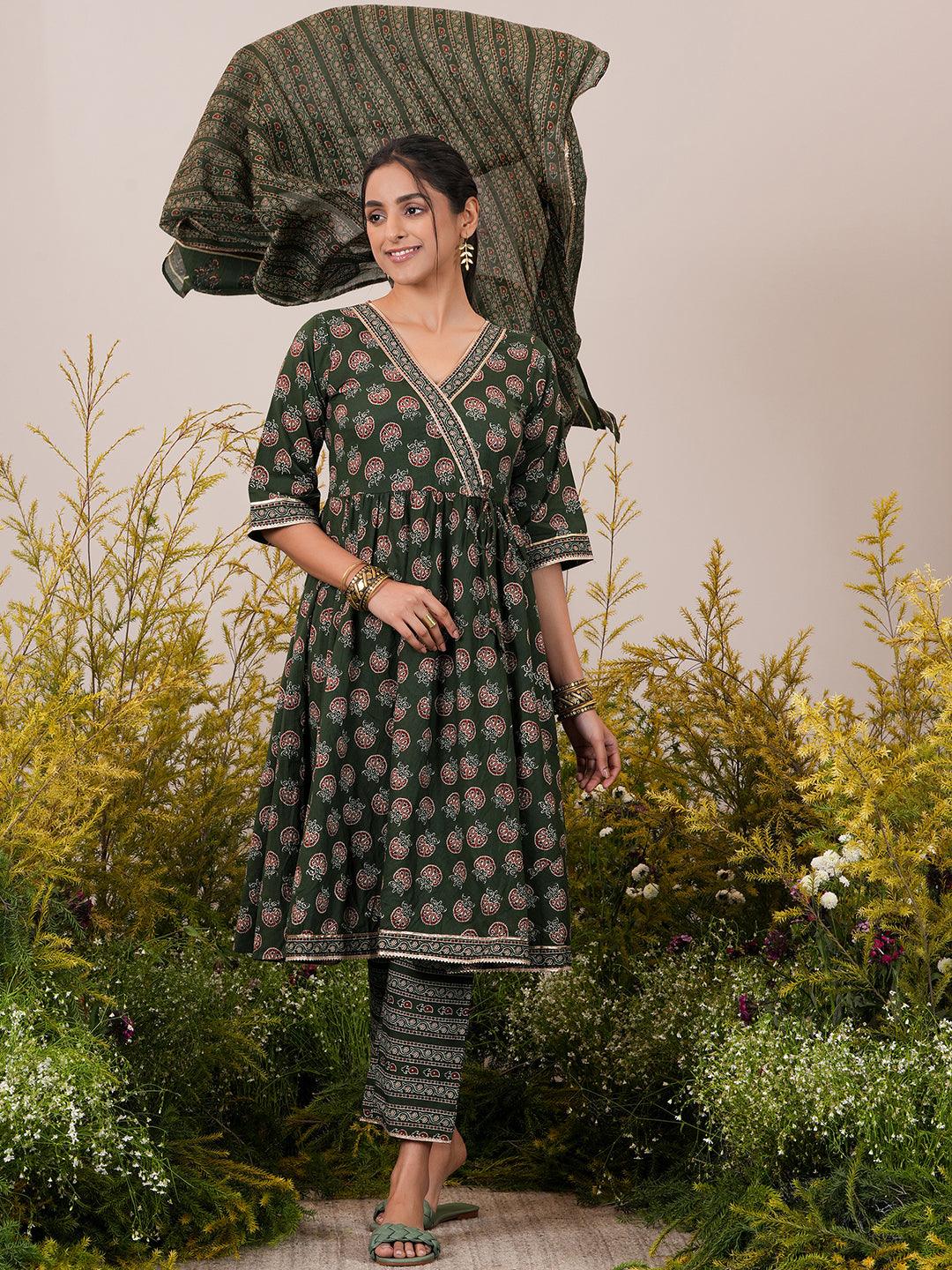 Green Printed Cotton Anarkali Suit With Dupatta - Jashvi