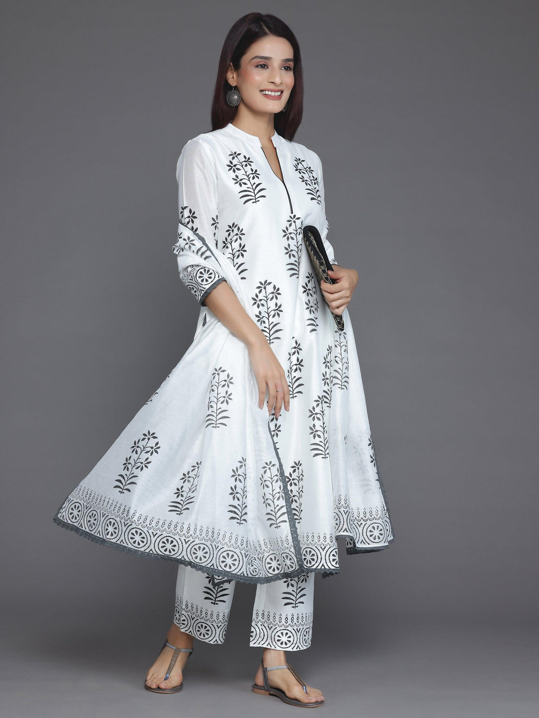 White Printed Chanderi Silk Straight Suit With Dupatta - Jashvi