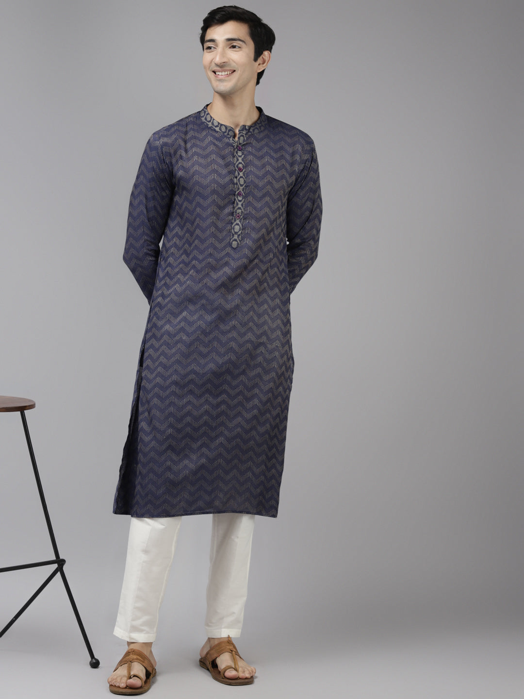 Men's Blue & Beige Woven Design Thread Work Kurta With Pyjama - See Designs