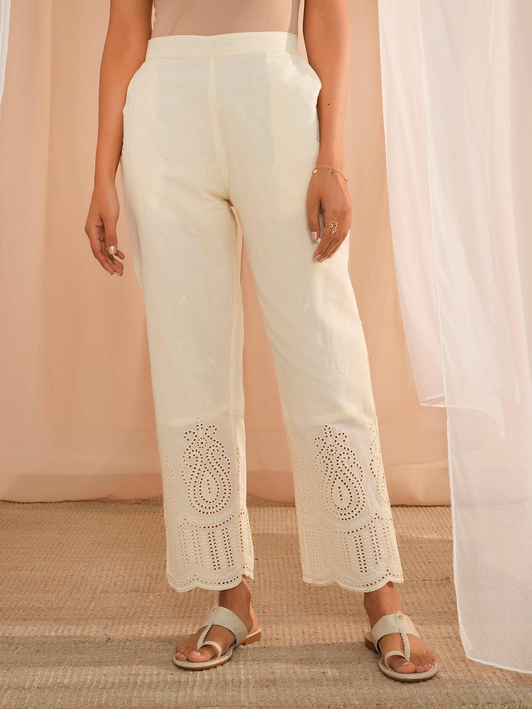 Off White Embroidered Cotton Straight Fit Palazzos - Jashvi