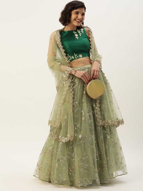 Women's Lime Green Net Multi Sequince Embroidery Lehenga & Blouse, Dupatta - Royal Dwells