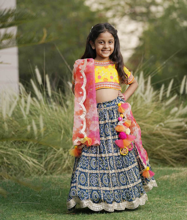 Girl's Yellow Brocade Choli Lehenga And Pink Organza Dupatta - Fayon Kids