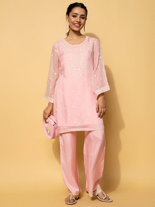 Pink Embroidered Silk Blend Co-Ords