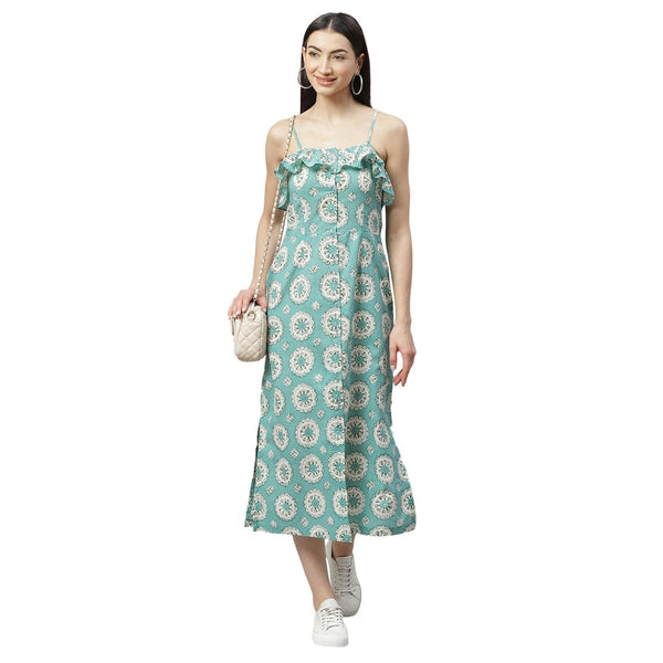 Women's Blue Cotton Printed Sleeveless Srep Neck Casual Dress - Myshka