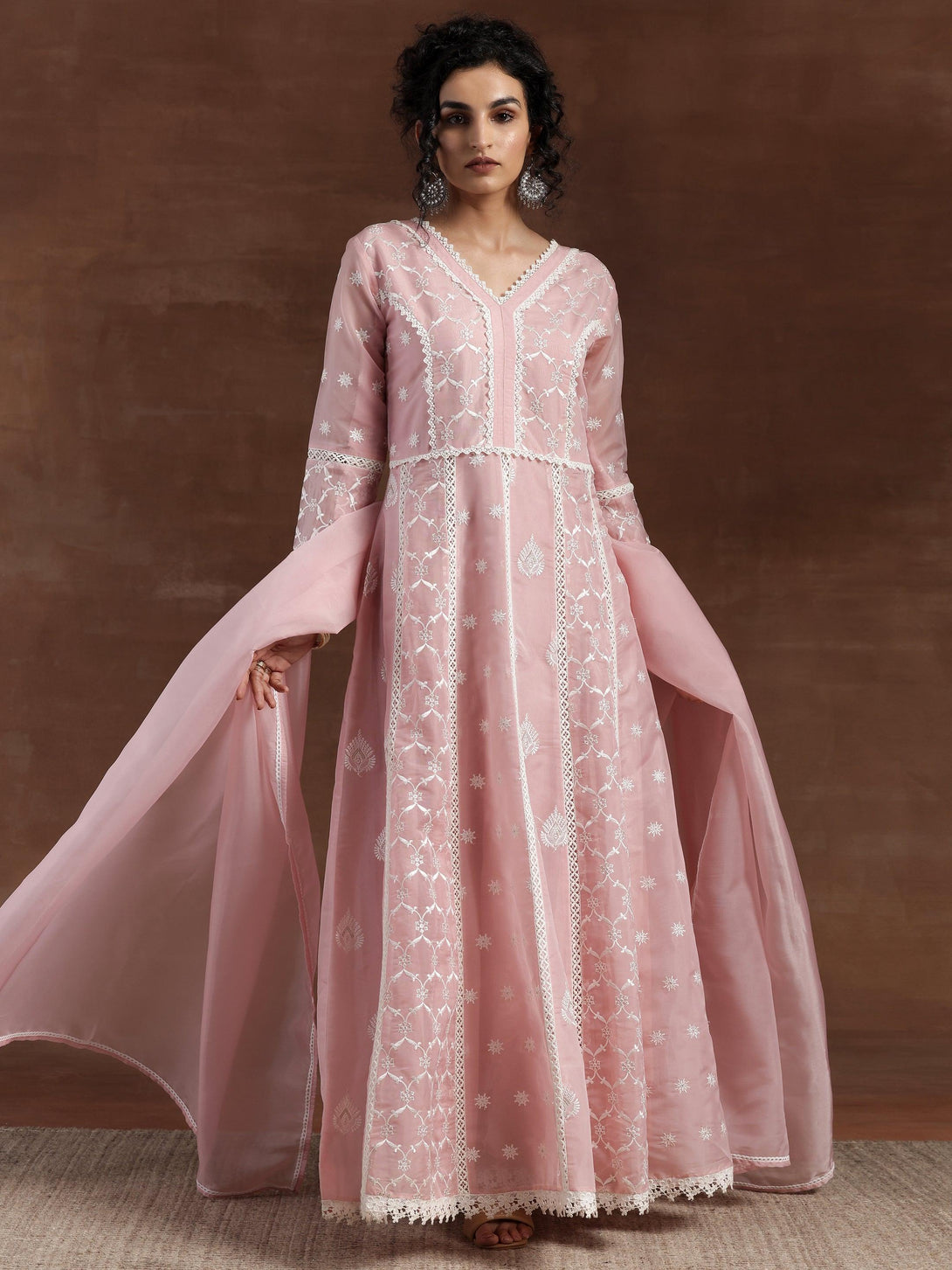 Pink Embroidered Organza A-Line Kurta With Palazzos & Dupatta - Jashvi