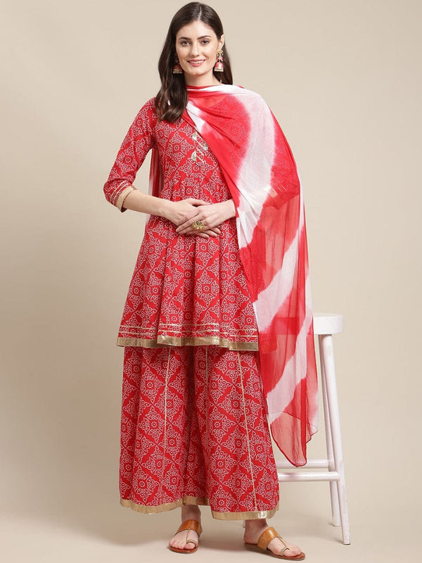 Women's Red Ethnic Motifs Printed Gotta Patti Kurta with Sharara & With Dupatta - Varanga