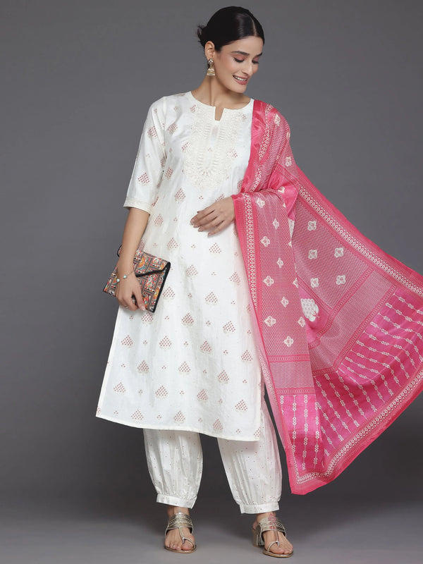 Off White Printed Silk Blend Straight Suit With Dupatta