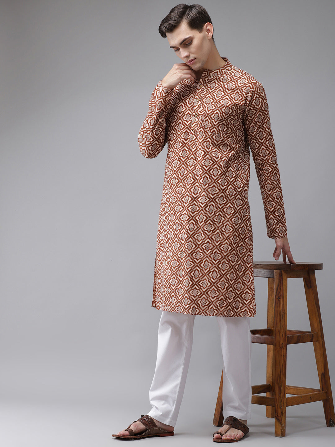 Men's Beige And Gold Printed Straight Kurta - See Designs