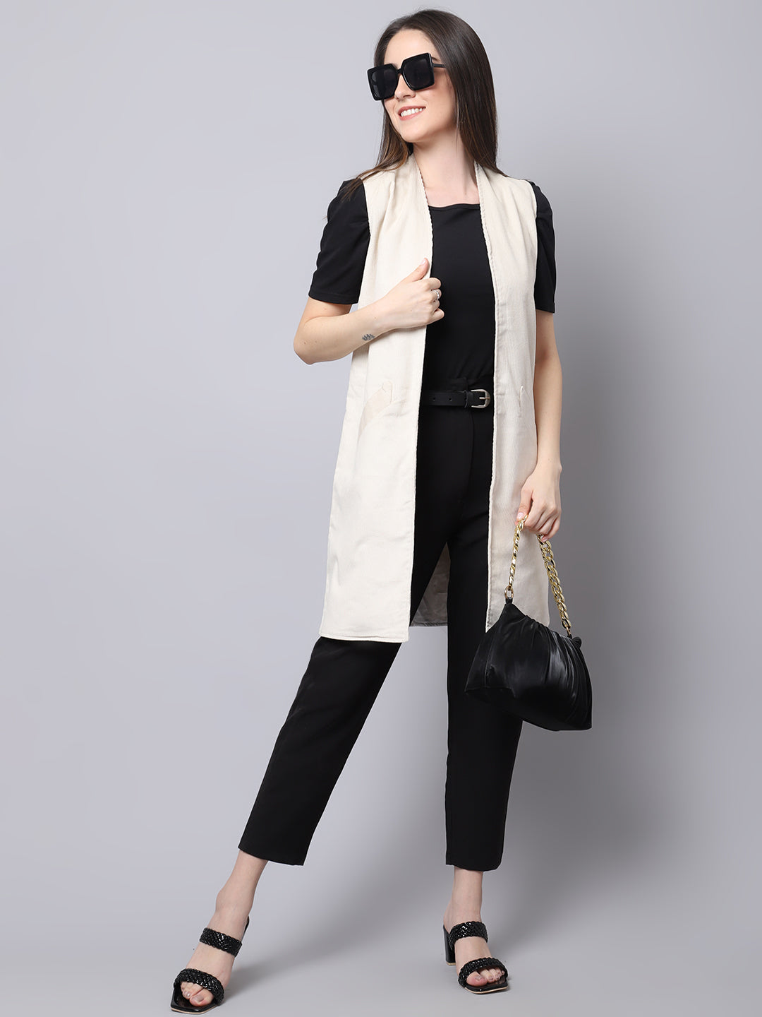 Women's White Open Front Corduroy Long Coat  - Even Apparels