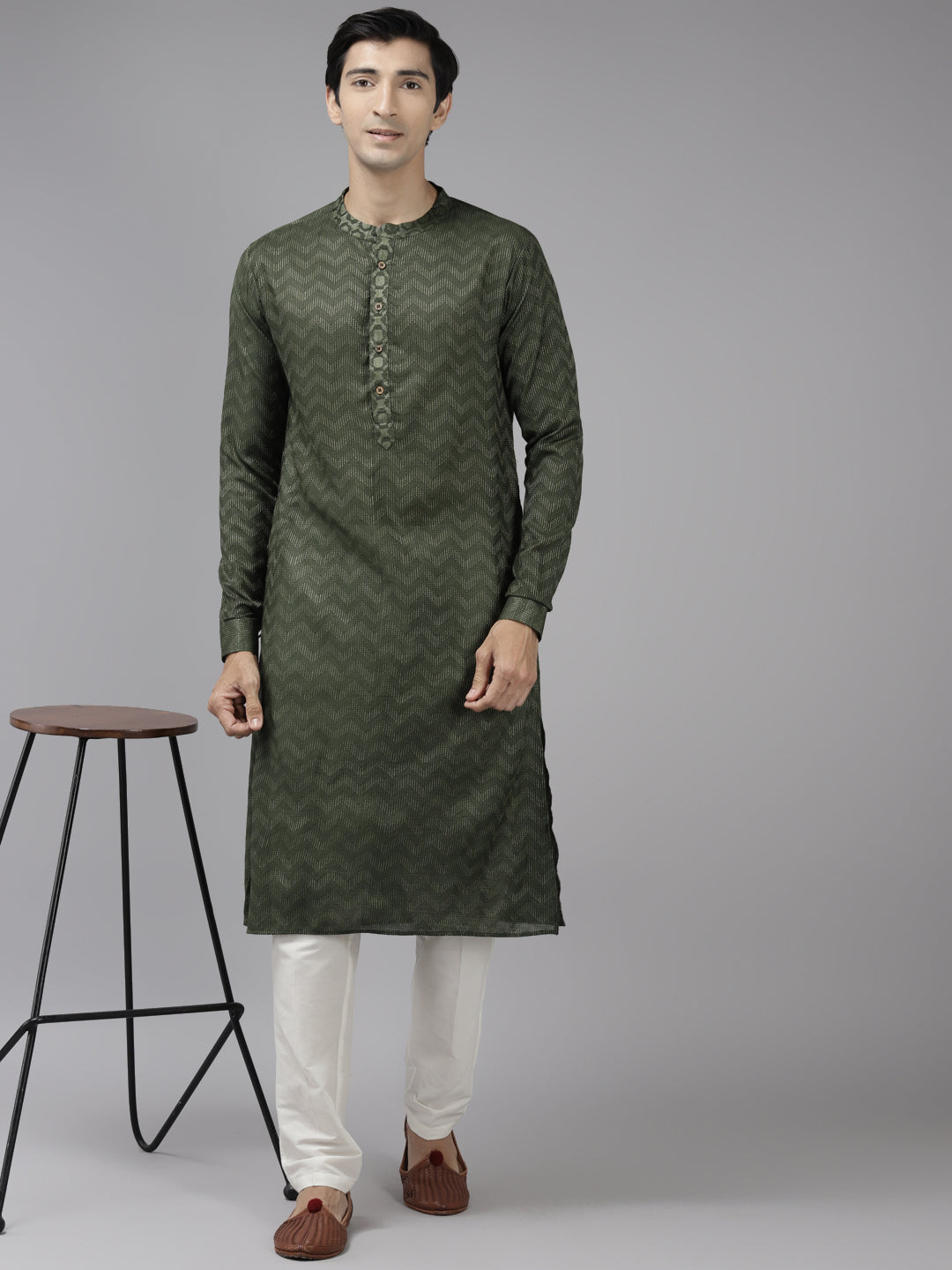 Men's Green & Beige Woven Design Thread Work Kurta - See Designs