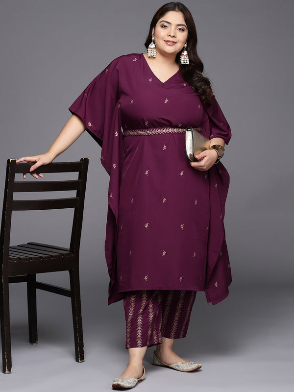 Burgundy & Gold Printed Plus Size Kaftan Kurta with Trousers