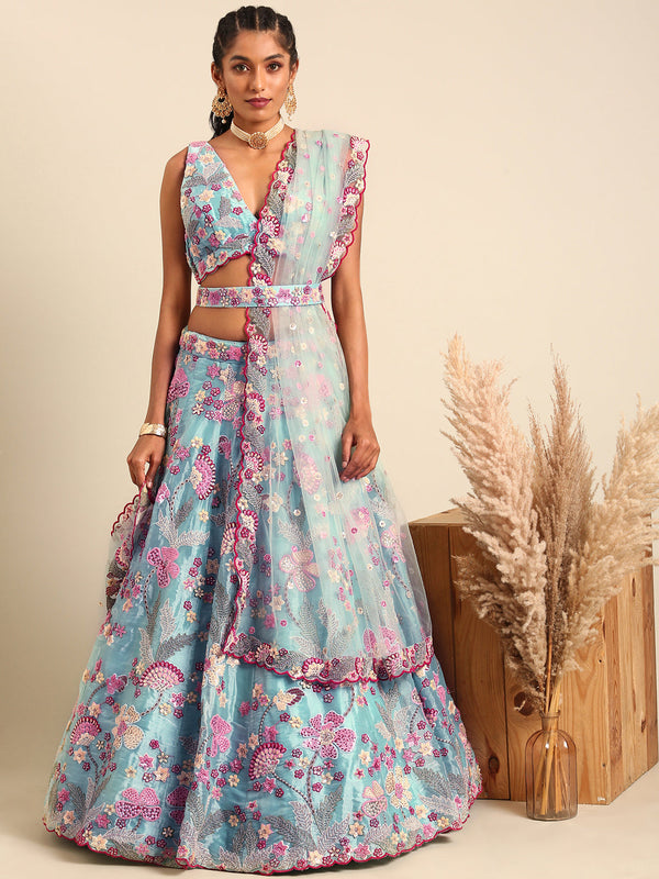 Women's Turquoise Blue Organza Sequins And Zarkan Embroidery Lehenga Choli & Dupatta - Royal Dwells