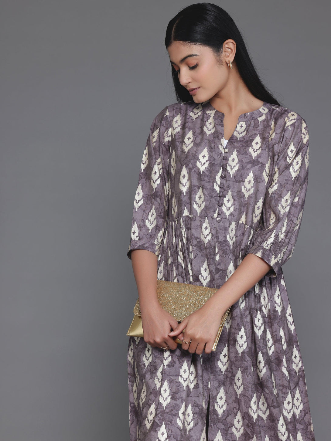 Mauve Printed Silk Fit and Flare Dress - Jashvi