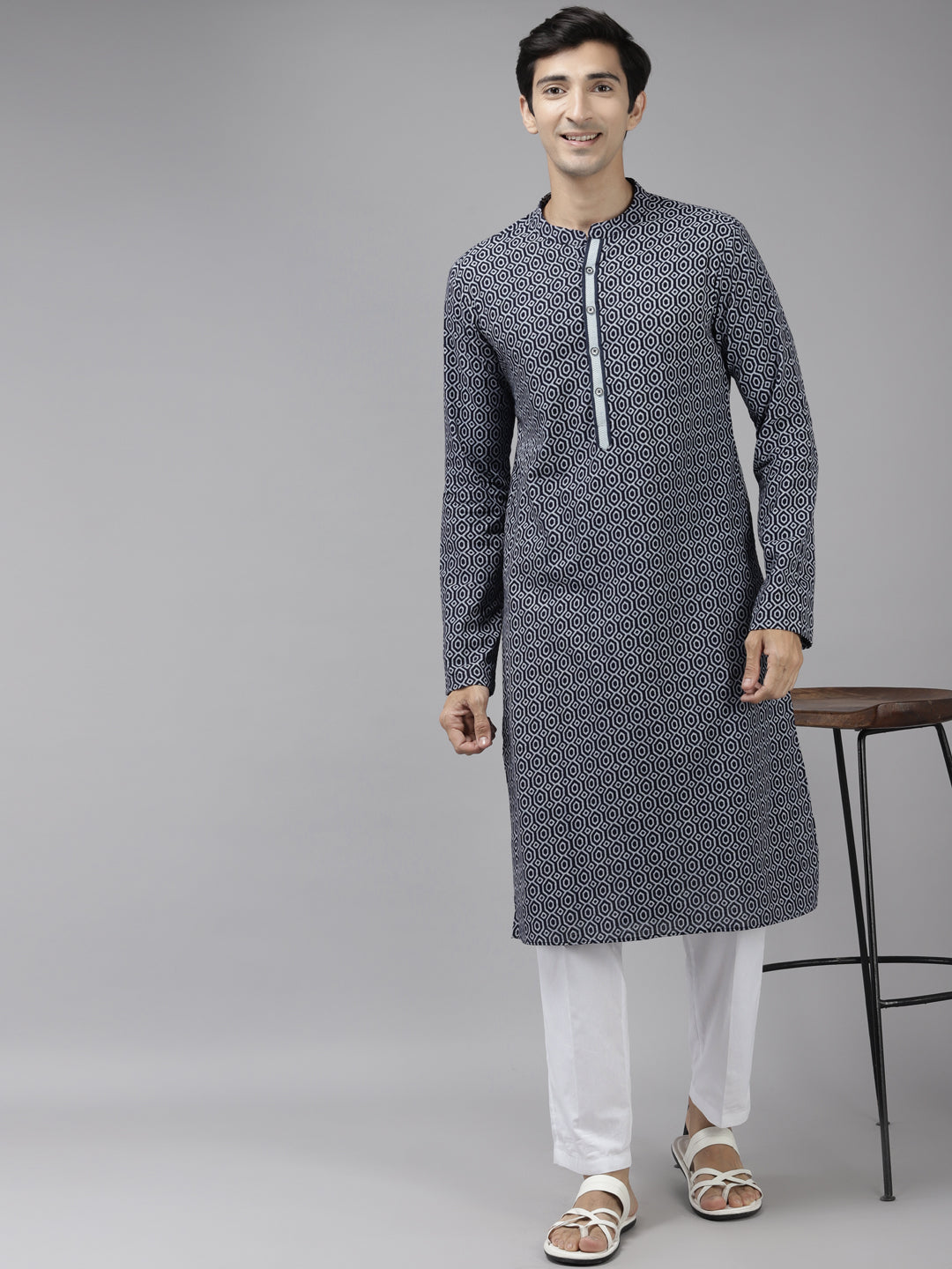 Men's Blue Printed Thread Work Indigo Kurta With Pyjama - See Designs