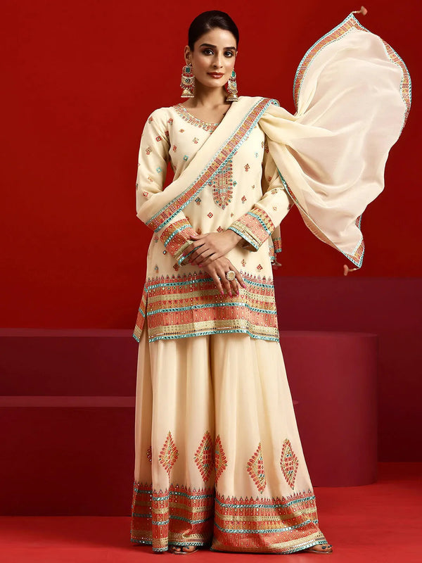 Jashvi Art Beige Embroidered Georgette Straight Suit With Dupatta