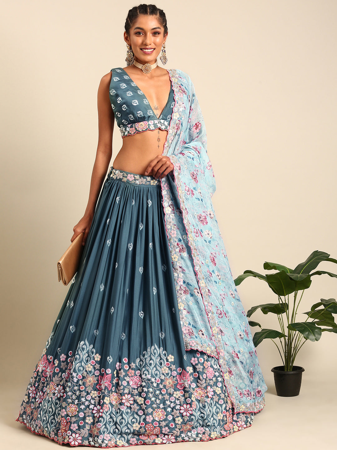 Women's Teal Blue Chinon Sequins Embroidery  Lehenga Choli & Dupatta - Royal Dwells