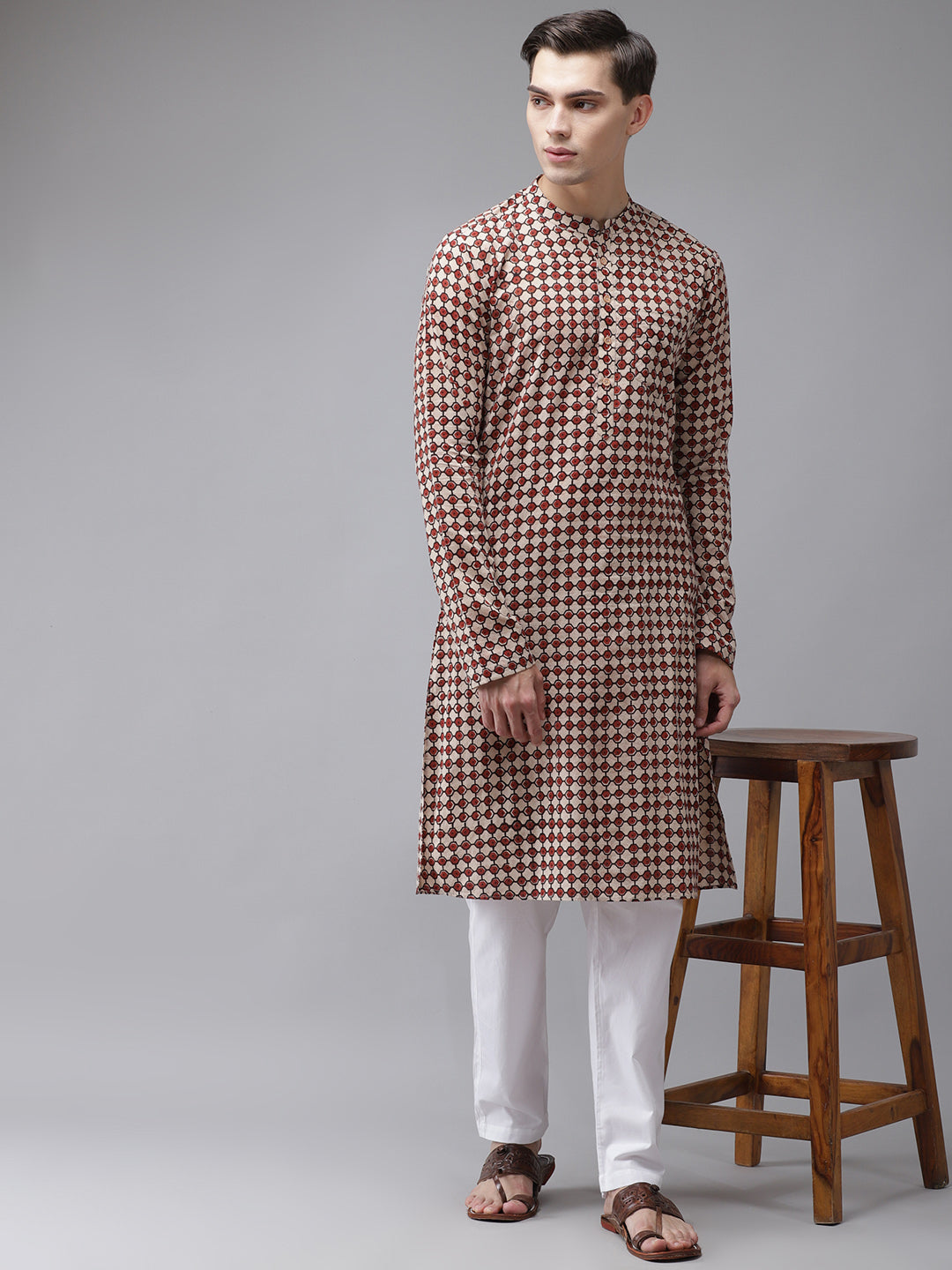 Men's Beige And Maroon Hand Block Print Sustainable Straight With Kurta Pyjama - See Designs