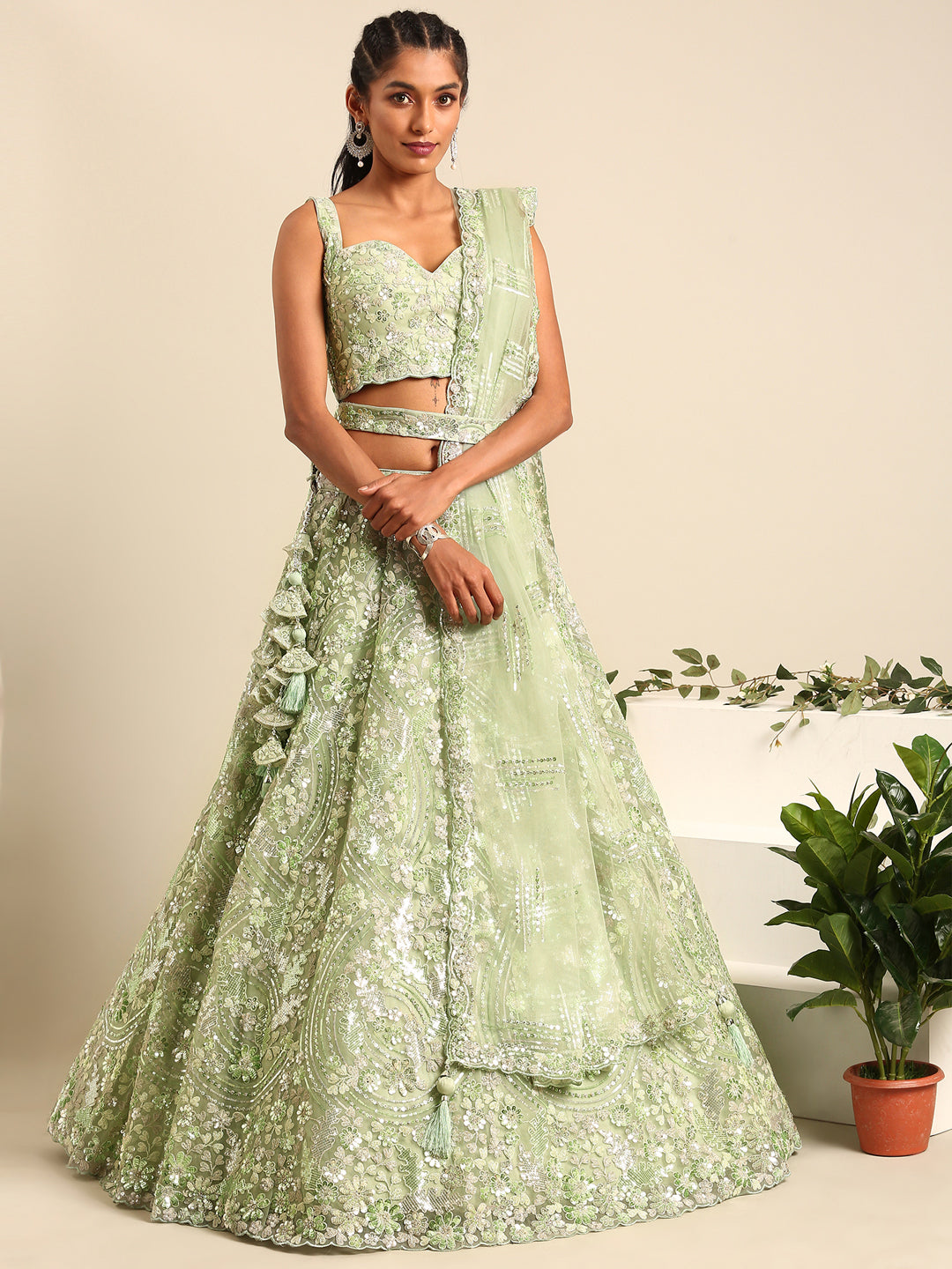 Women's Lime Green Net Sequins And Zarkan Embroidery  Lehenga Choli & Dupatta - Royal Dwells