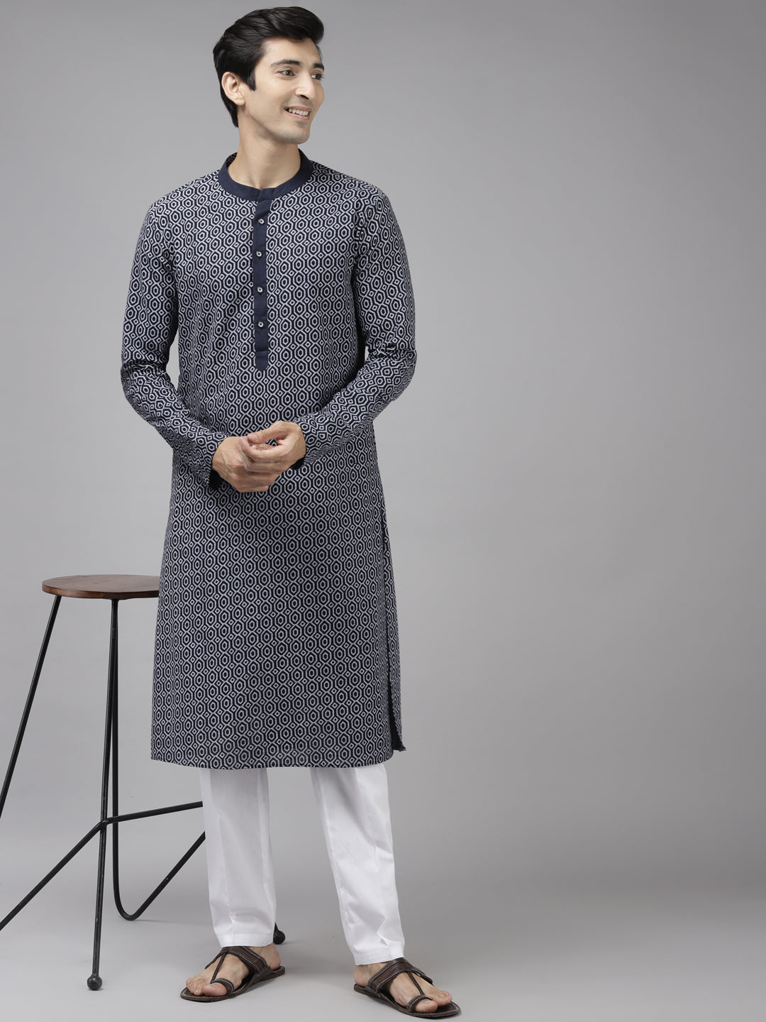 Men's Blue Printed Thread Work Indigo Kurta With Pyjama - See Designs