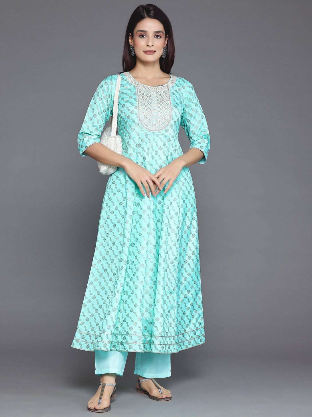 Blue Printed Silk Blend A-Line Kurta With Palazzos - Jashvi