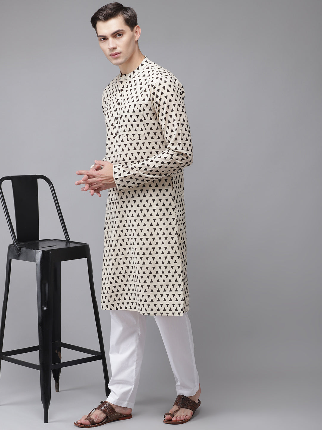 Men's Beige And Black Hand Block Print Sustainable Straight Kurta - See Designs