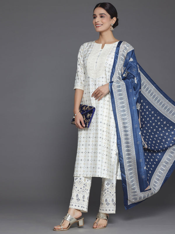 Off White Printed Silk Blend Straight Suit With Dupatta - Jashvi