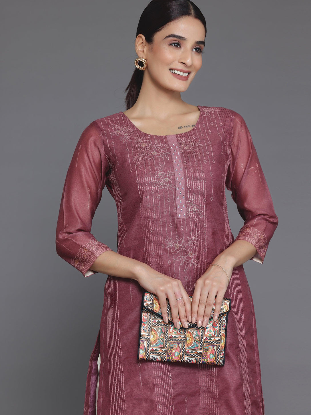 Mauve Embellished Chanderi Silk Straight Kurta - Jashvi