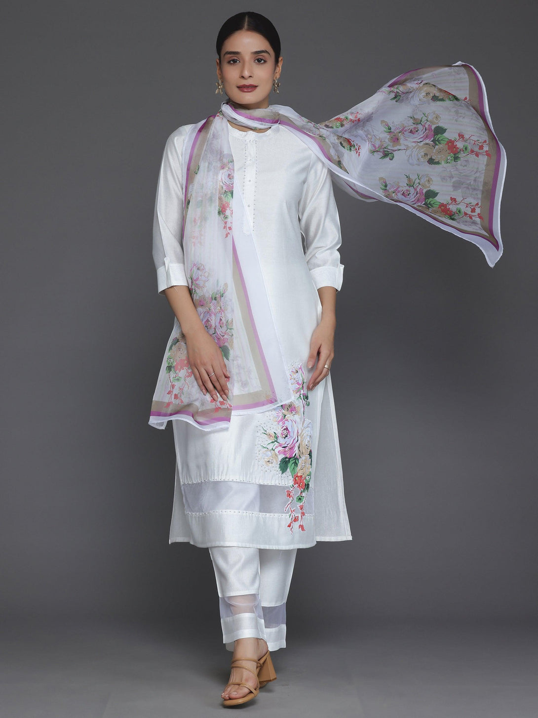 Off White Self Design Silk Blend Straight Suit With Dupatta - Jashvi