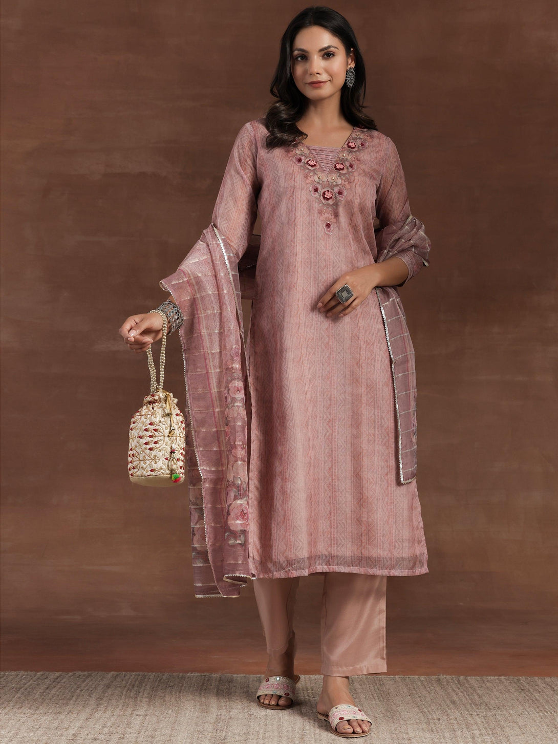 Pink Printed Organza Straight Suit With Dupatta - Jashvi