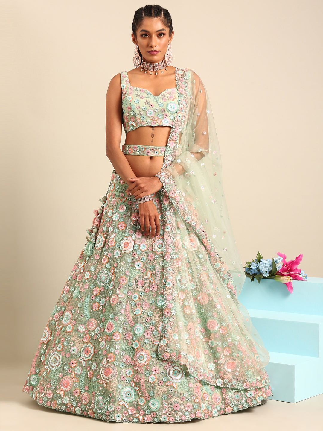 Women's Lime Green Net Sequins, Mirror And Thread Embroidery  Lehenga Choli & Dupatta - Royal Dwells