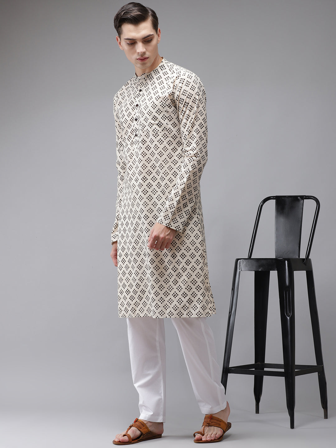 Men's Beige And Black Hand Block Print Sustainable Straight Kurta - See Designs