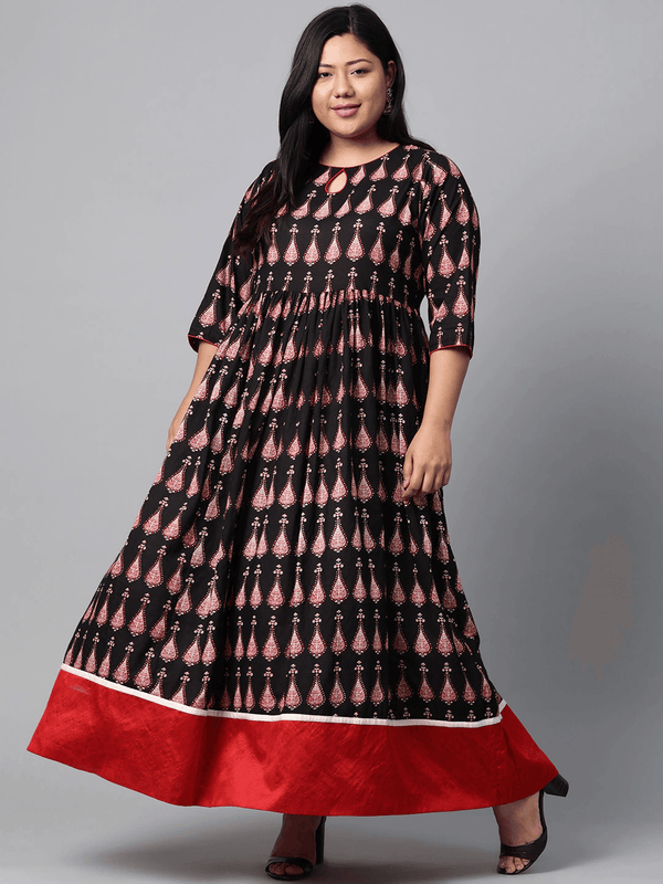 Plus Size Black Printed Cotton Floor Length Anarkali Kurta