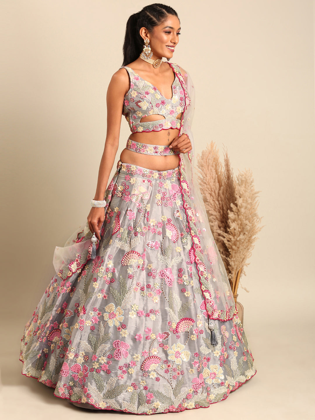 Women's Grey Organza Sequins And Zarkan Embroidery  Lehenga Choli & Dupatta - Royal Dwells