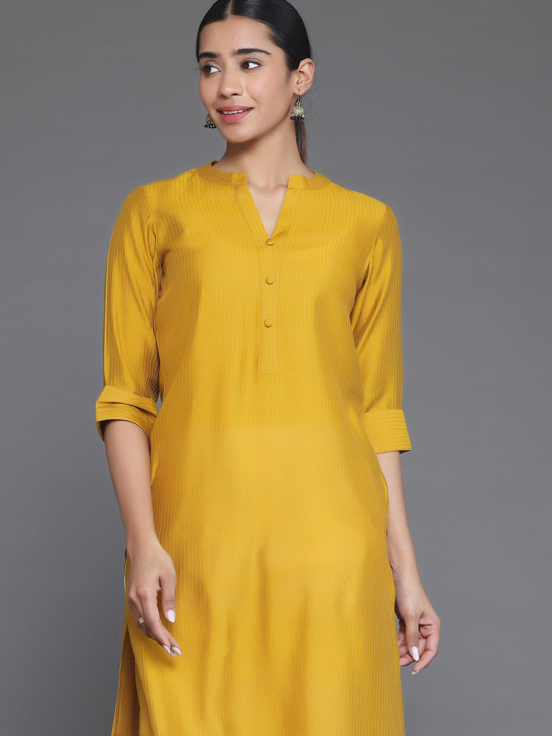 Mustard Woven Design Silk Straight Kurta - Jashvi