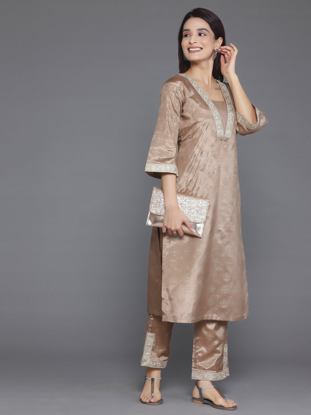 Brown Woven Design Silk Blend Straight Kurta Set - Jashvi