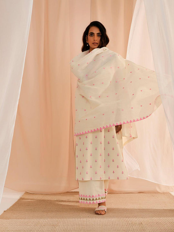 Off White Embroidered Cotton Straight Suit With Dupatta