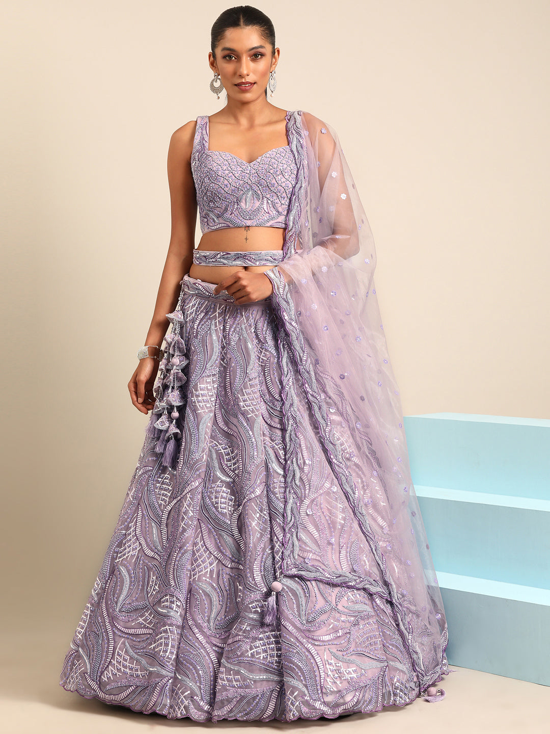 Women's Lavender Net Sequins And Zarkan Embroidery  Lehenga Choli & Dupatta - Royal Dwells