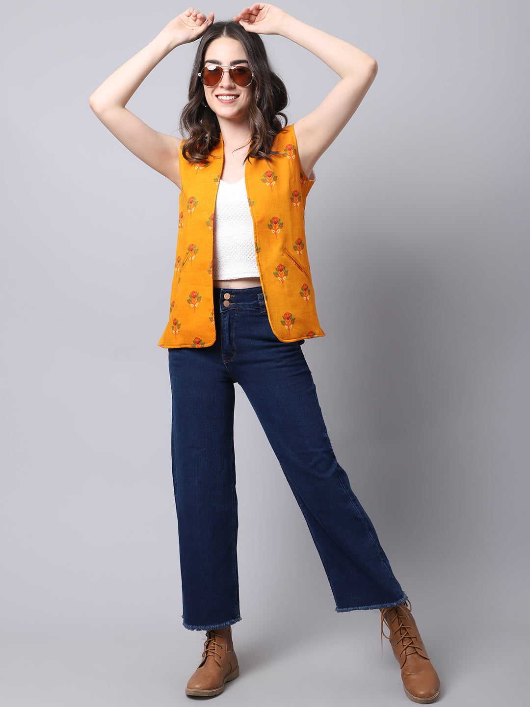 Women's Yellow Open Front Waistcoat - Even Apparels