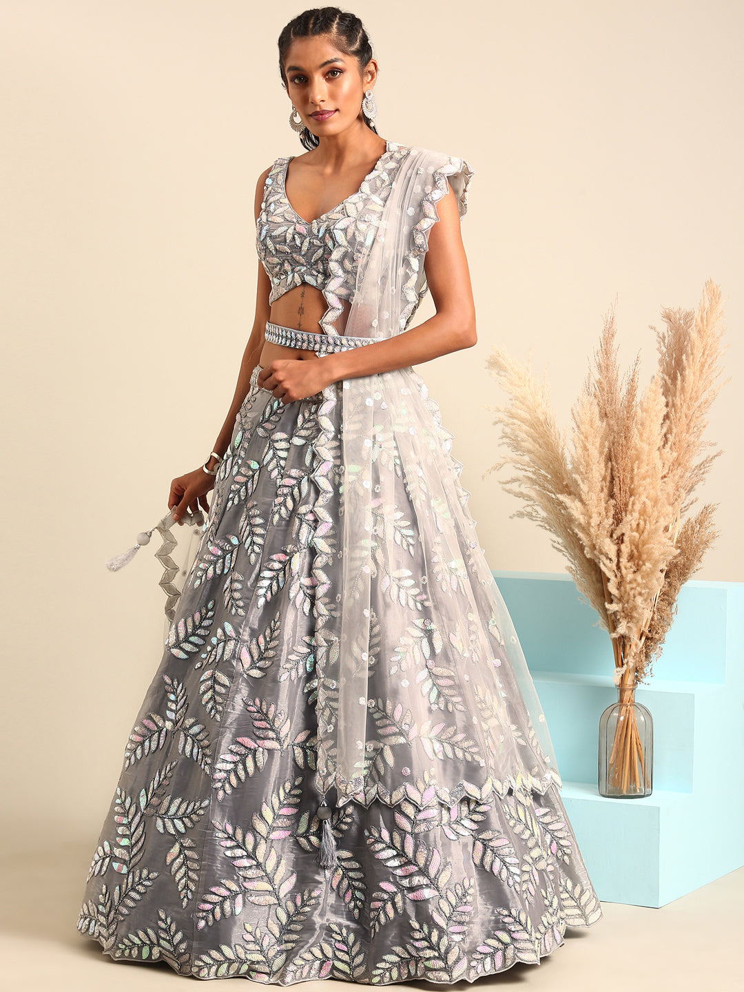 Women's Grey Organza Sequins & Zarkan Embroidery  Lehenga Choli & Dupatta - Royal Dwells